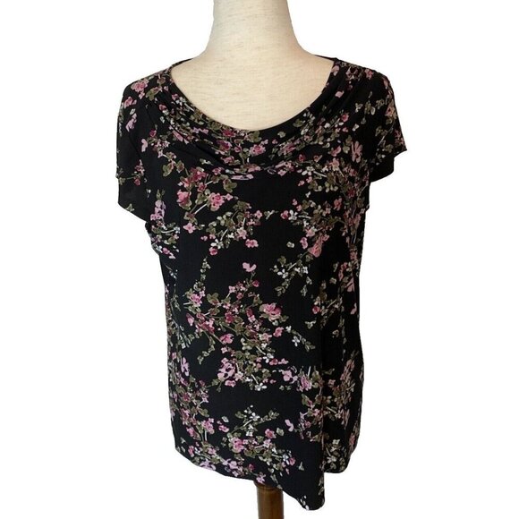Nine West Blouse Womens Size L Black Pink Dark Floral Cap Sleeve Cowl Neck Goth - Picture 1 of 11